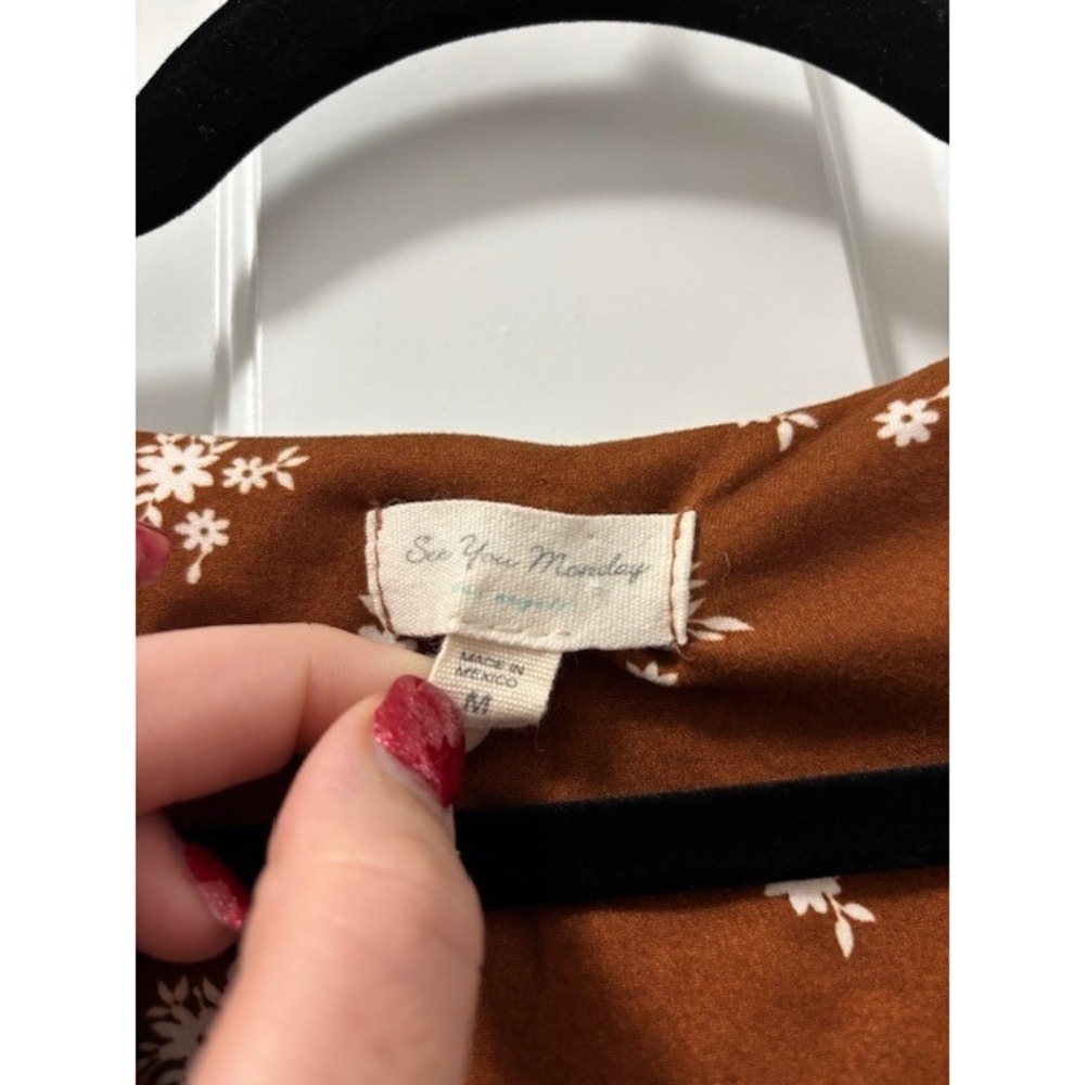 See You Monday Brown Floral Bodycon Midi Dress Short Sleeve Medium Casual - Picture 2 of 4